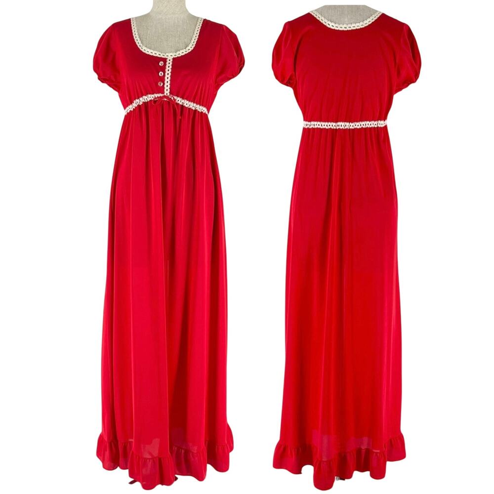 70s long red satin night gown FormFit Rogers 1970s vintage